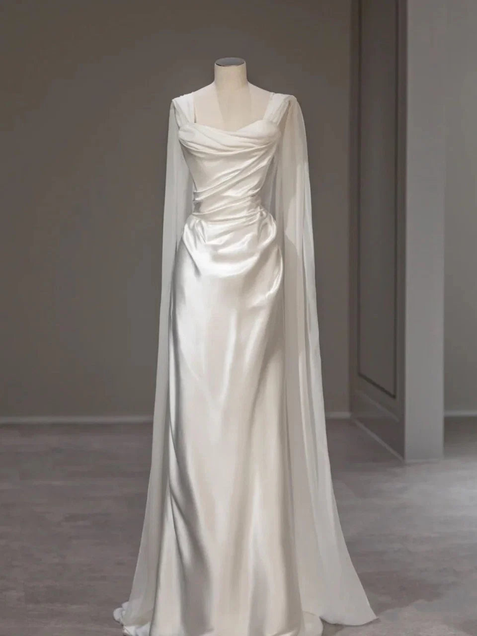 White Wedding Dress Square Neckline Draped Bodice Sheer Cape Sleeves