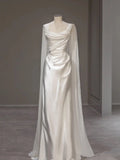 White Wedding Dress Square Neckline Draped Bodice Sheer Cape Sleeves
