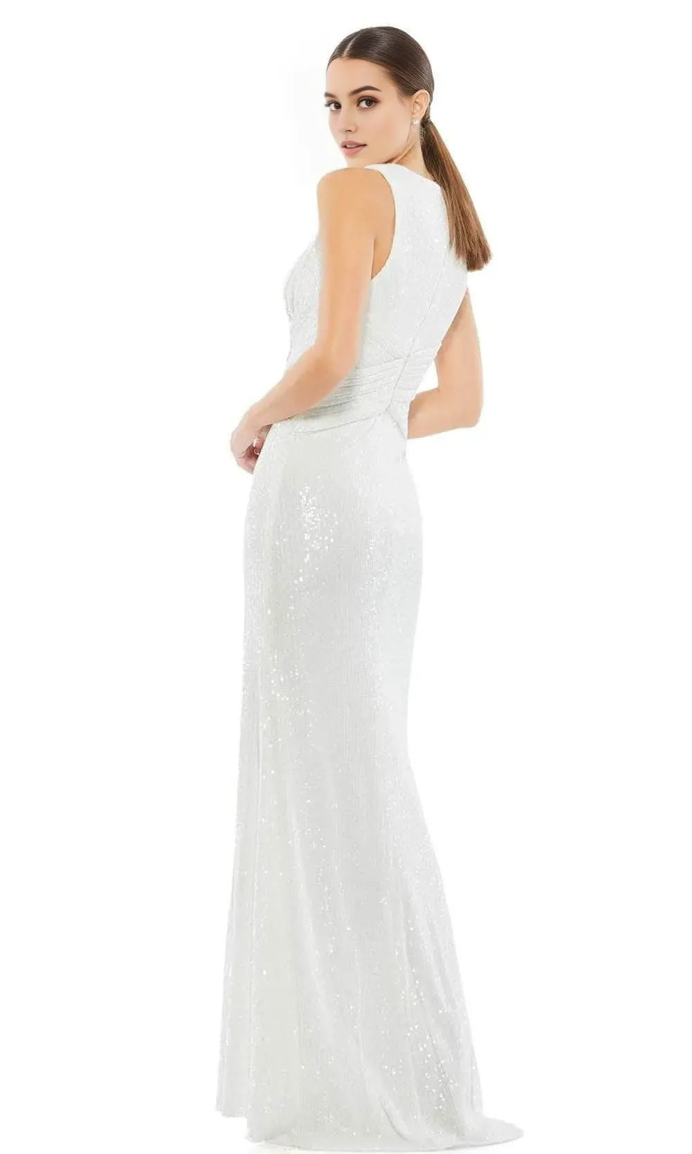 White Evening Gown with Plunging V Neck Wrap Style Bodice and High Side Slit Perfect for Formal Galas and Red Carpet Events