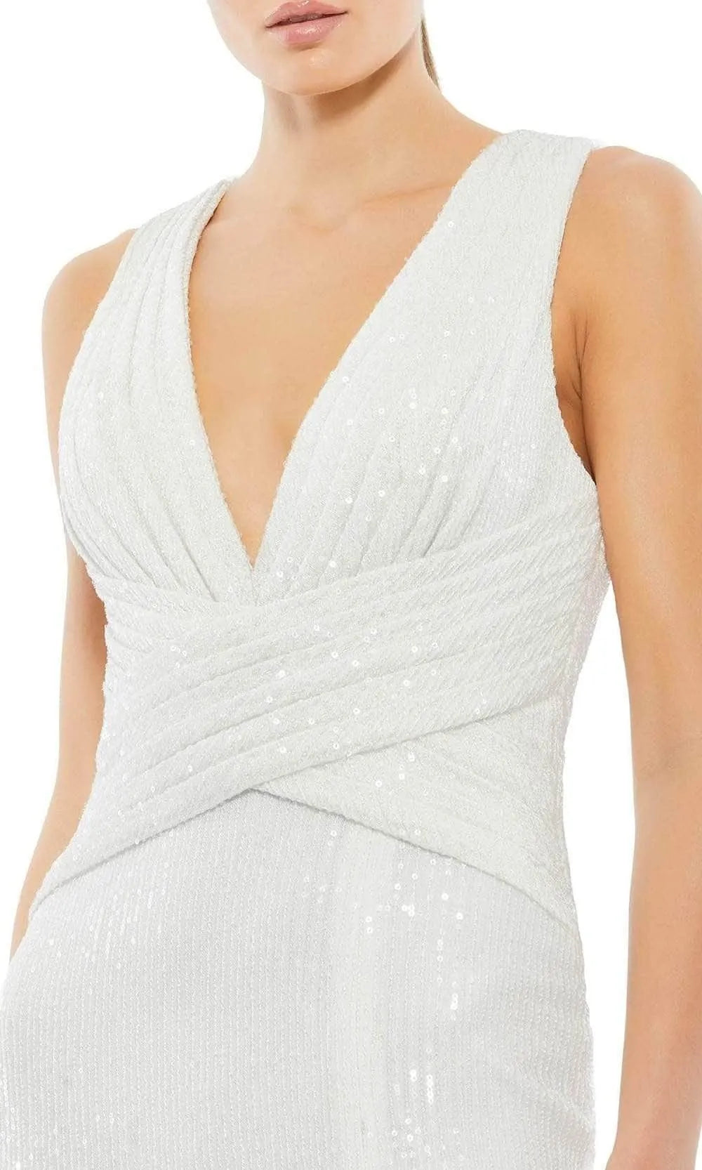 White Evening Gown with Plunging V Neck Wrap Style Bodice and High Side Slit Perfect for Formal Galas and Red Carpet Events