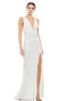 White Evening Gown with Plunging V Neck Wrap Style Bodice and High Side Slit Perfect for Formal Galas and Red Carpet Events