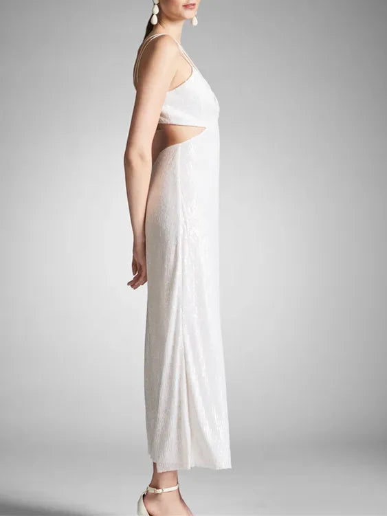 White Homecoming Dress Spaghetti Straps Deep V - Neck Cut Out Detail Side Slit