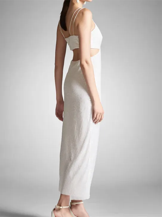 White Homecoming Dress Spaghetti Straps Deep V - Neck Cut Out Detail Side Slit
