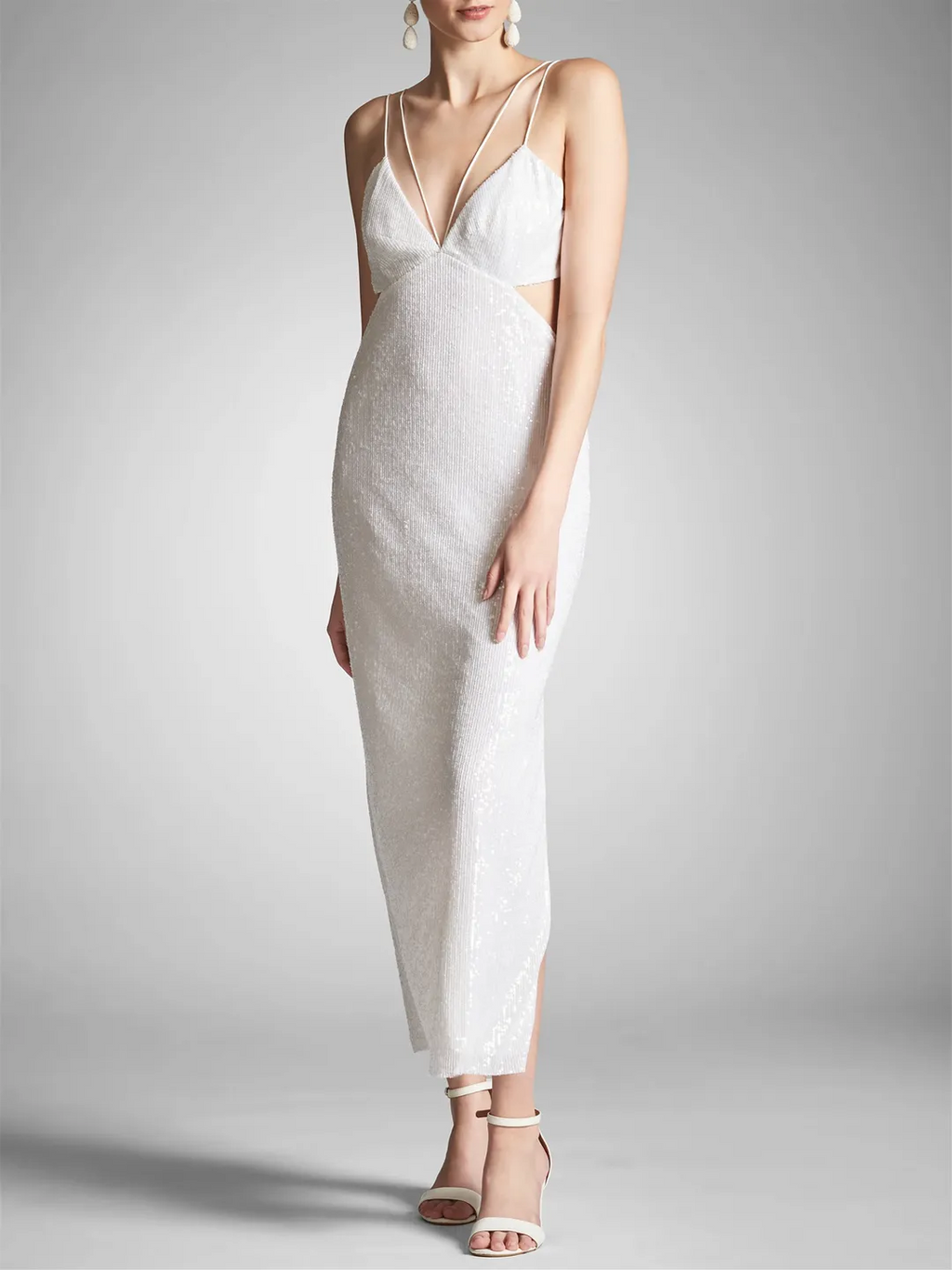 White Homecoming Dress Spaghetti Straps Deep V - Neck Cut Out Detail Side Slit