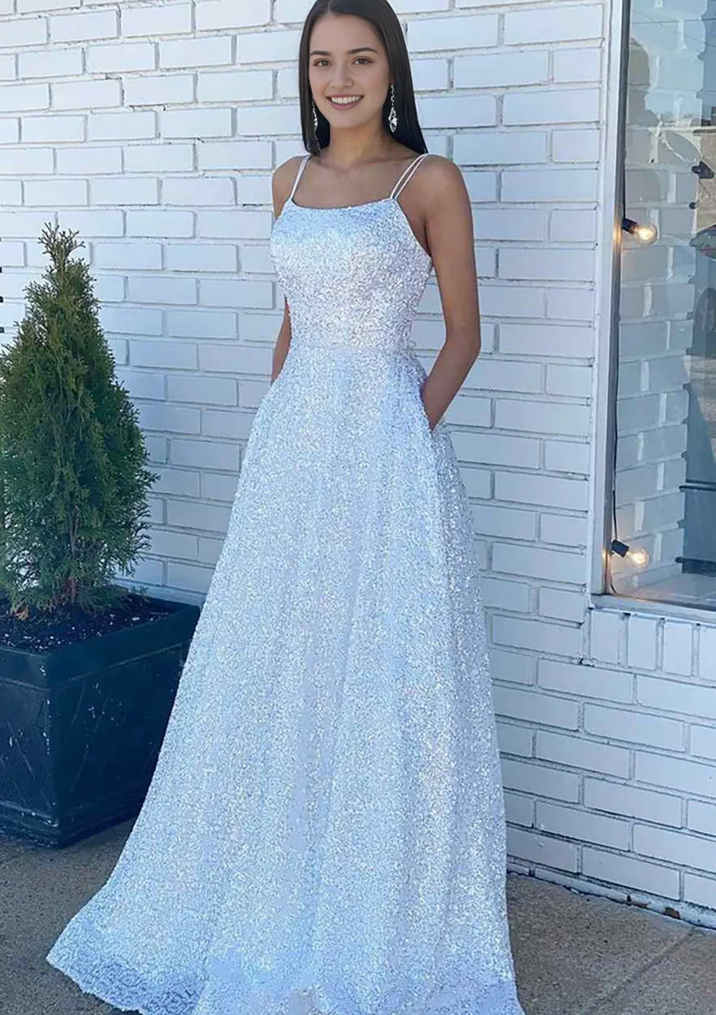 White Prom Dress with Square Neck Spaghetti Straps Flowy A Line Skirt Perfect for Fairytale Proms Beach Weddings Romantic Evening Galas