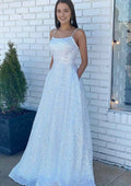White Prom Dress with Square Neck Spaghetti Straps Flowy A Line Skirt Perfect for Fairytale Proms Beach Weddings Romantic Evening Galas