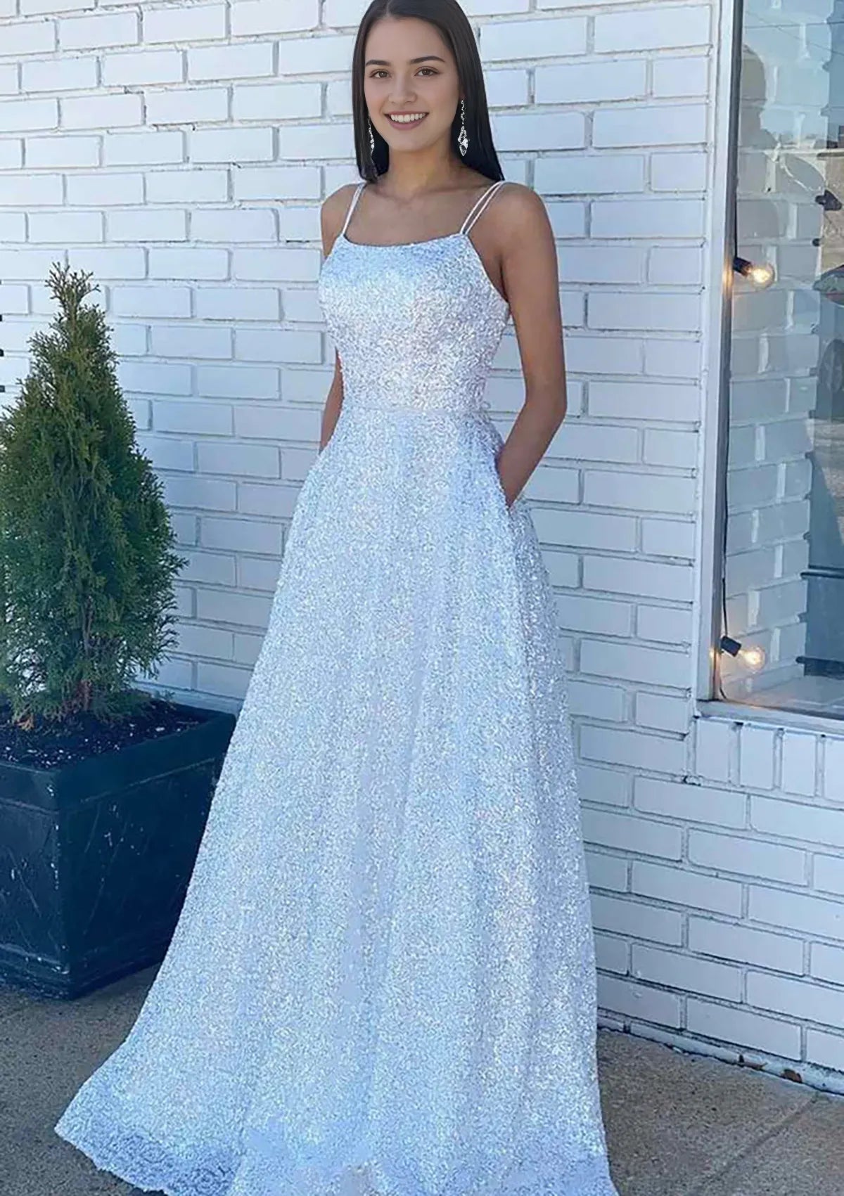 White Prom Dress with Square Neck Spaghetti Straps Flowy A Line Skirt Perfect for Fairytale Proms Beach Weddings Romantic Evening Galas