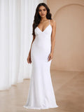 White Spaghetti Strap Prom Dress Deep V Neck Mermaid Gown for Formal Events