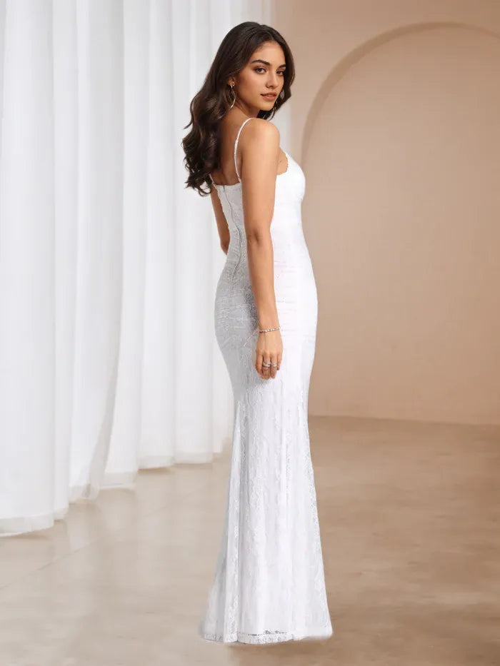 White Spaghetti Strap Ruched Prom Dress with High Slit Elegant Evening Gown