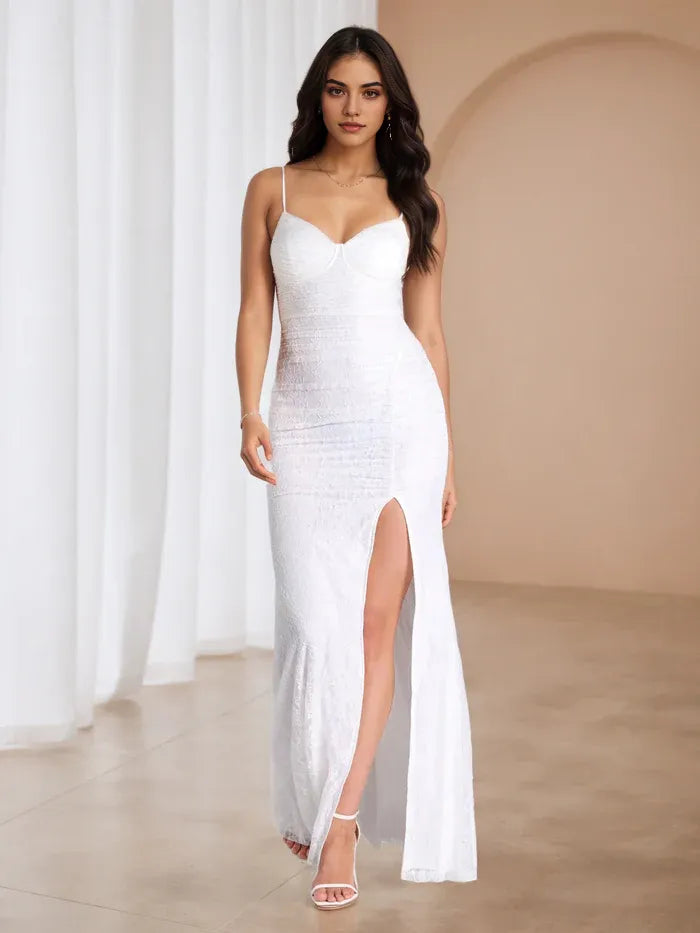 White Spaghetti Strap Ruched Prom Dress with High Slit Elegant Evening Gown