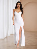 White Spaghetti Strap Ruched Prom Dress with High Slit Elegant Evening Gown