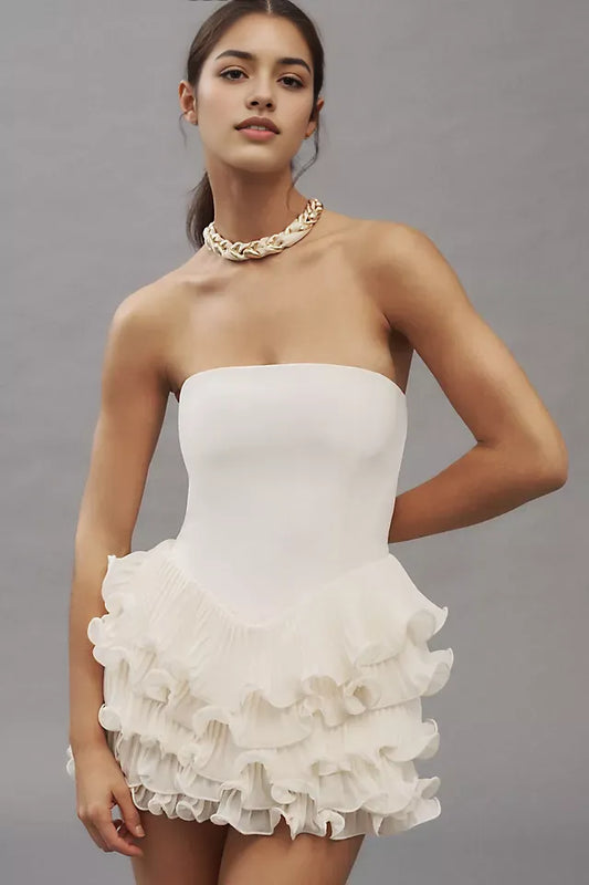 Elegant White Ruffled A-Line Strapless Classic-Sleeve Classic-Back Floor-Length Homecoming Dress