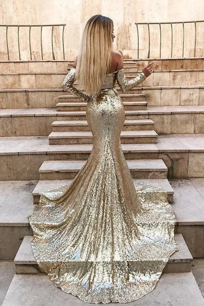 Champagne Wholesale Off-the-Shoulder Sequins Prom Dresses Elegant Long Sleeves Side Slit Evening Gowns