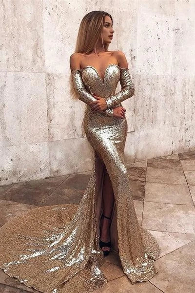 Champagne Wholesale Off-the-Shoulder Sequins Prom Dresses Elegant Long Sleeves Side Slit Evening Gowns