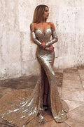 Champagne Wholesale Off-the-Shoulder Sequins Prom Dresses Elegant Long Sleeves Side Slit Evening Gowns