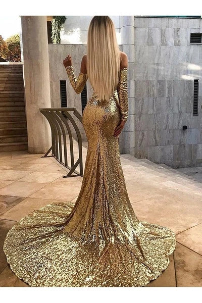Champagne Wholesale Off-the-Shoulder Sequins Prom Dresses Elegant Long Sleeves Side Slit Evening Gowns