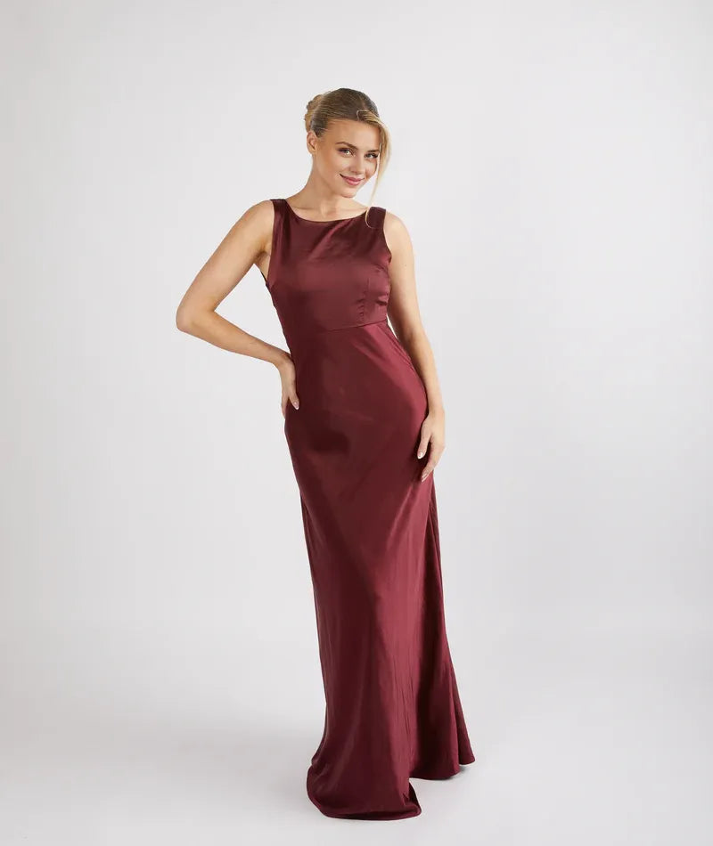 Special Occasion Sophisticated Graceful Stylish Elegant Champagne Satin Cowl Sleeveless Bridesmaid Dress