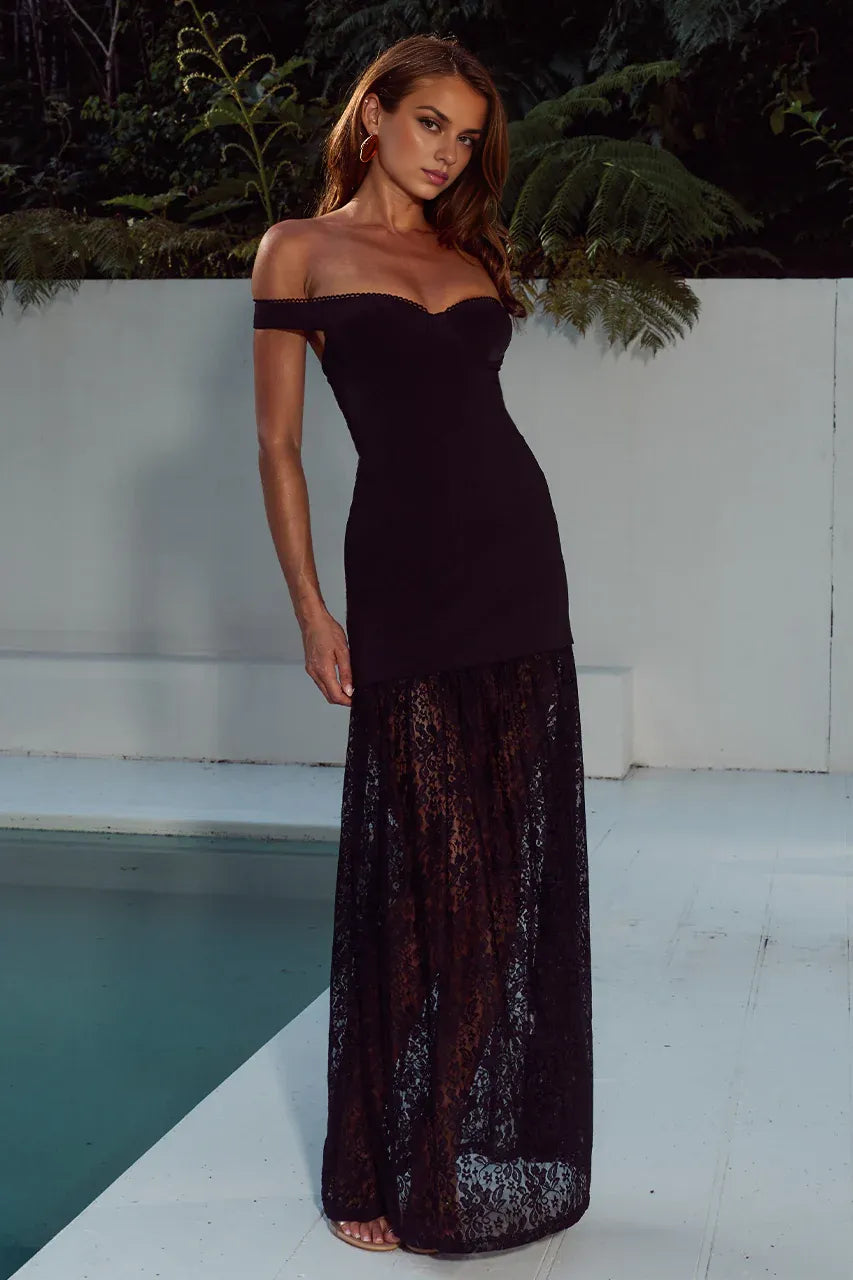 Stylish Refined Beautiful Timeless Elegant Black Lace Sheath Sleeveless Floor-Length Prom Dress
