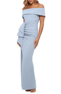Light Blue Off-the-Shoulder Bow-Trimmed Ruched Mermaid Evening Dress