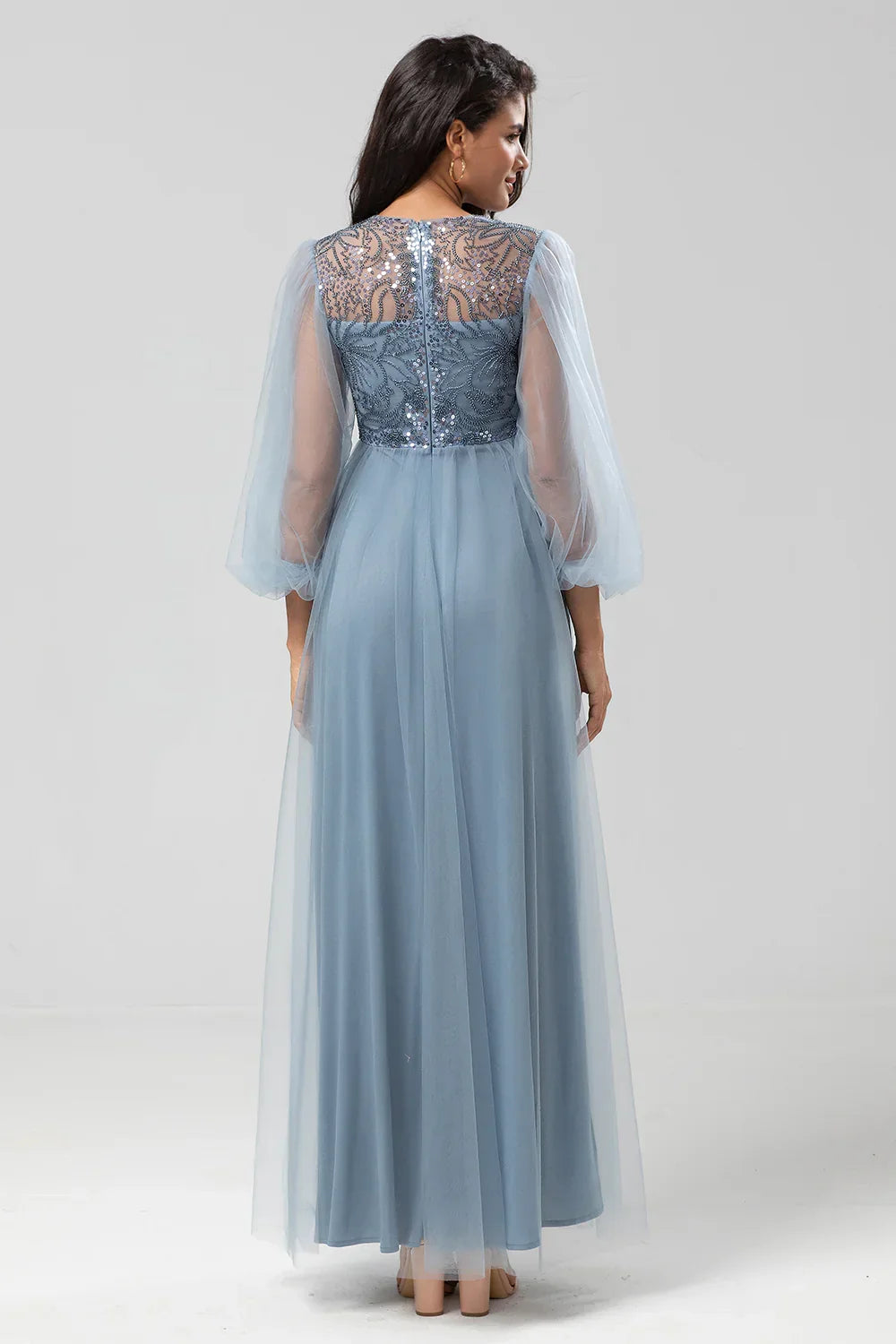 Blue Evening Dress Beaded Dusty Bridesmaid Dress With Long Sleeves