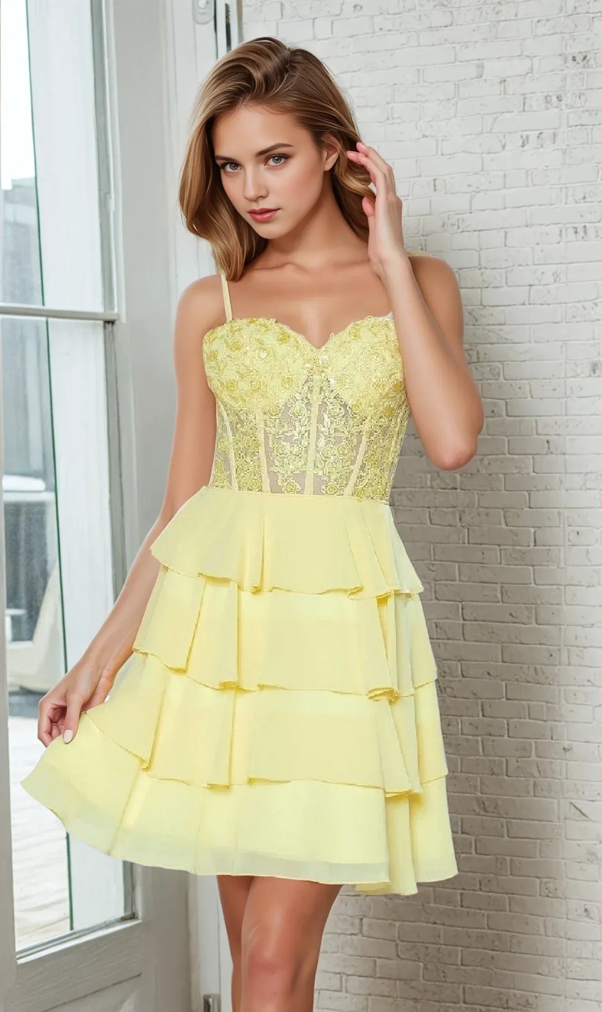Yellow Top Homecoming Dress Tiered Skirt Spaghetti Straps for Sweet Gala Style
