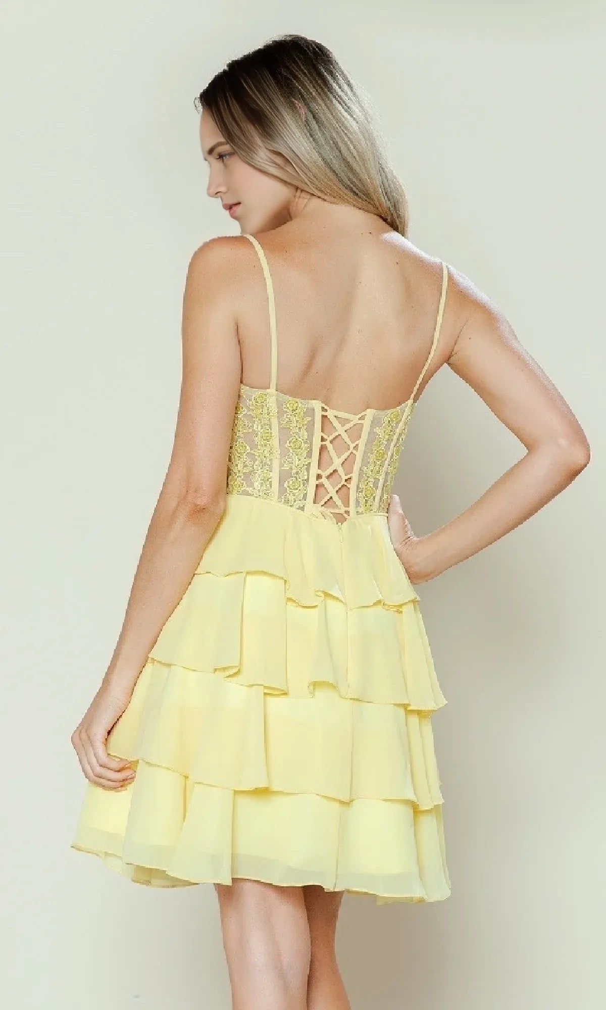 Yellow Top Homecoming Dress Tiered Skirt Spaghetti Straps for Sweet Gala Style