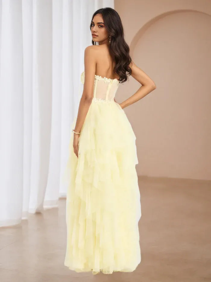 Yellow Prom Perfection Strapless Bodice Tiered Skirt for Enchanting Evenings