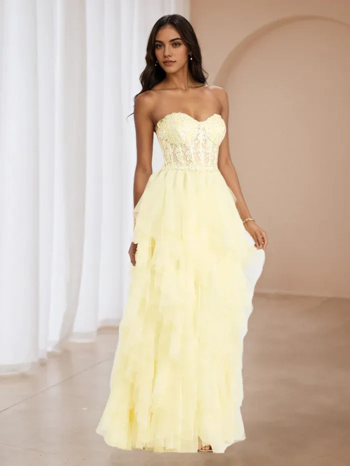 Yellow Prom Perfection Strapless Bodice Tiered Skirt for Enchanting Evenings