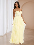 Yellow Prom Perfection Strapless Bodice Tiered Skirt for Enchanting Evenings