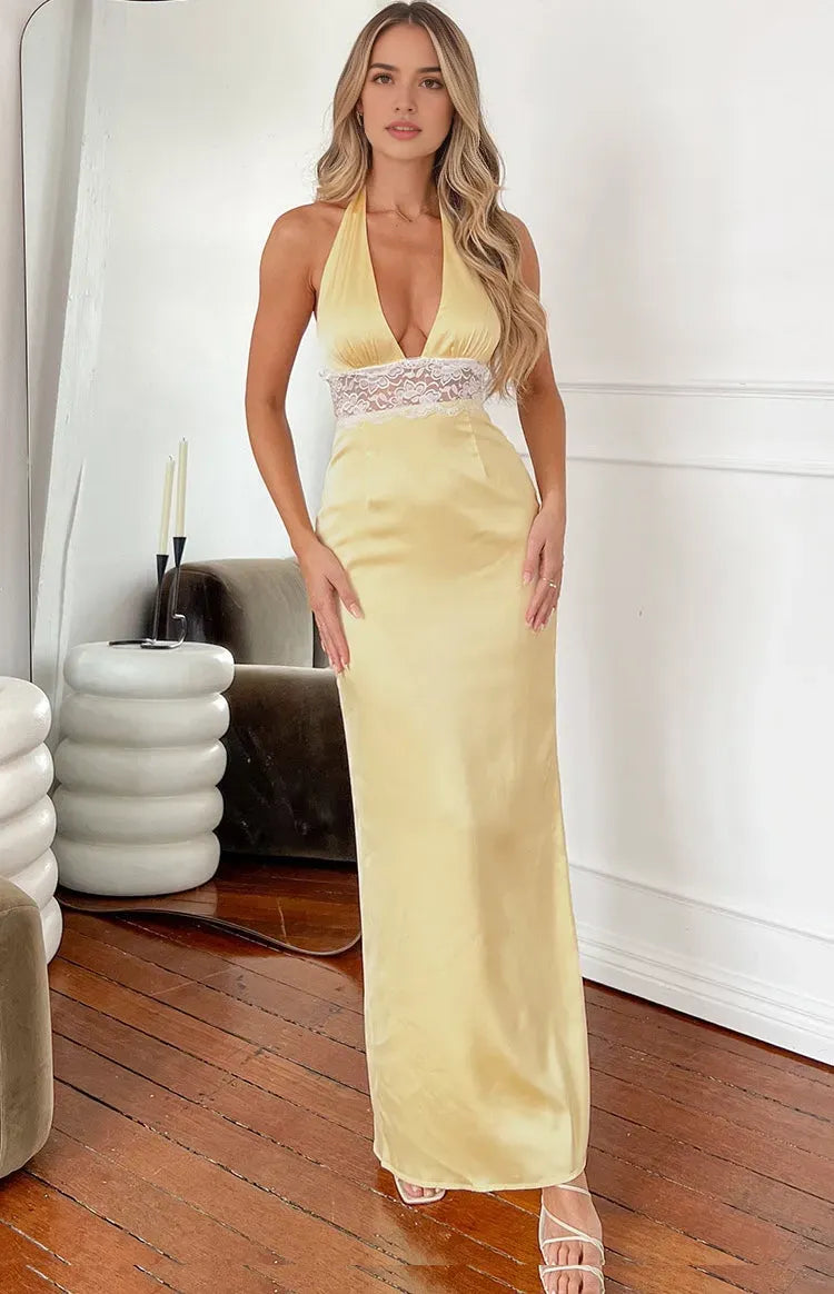 Yellow Halter Neck Prom Dress with Deep V - Neckline and Delicate Waistband for Formal Galas