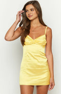 Yellow Homecoming Dress Spaghetti Straps Ruched Bustier Bodycon Fit and Radiant Shine Ideal for Homecoming