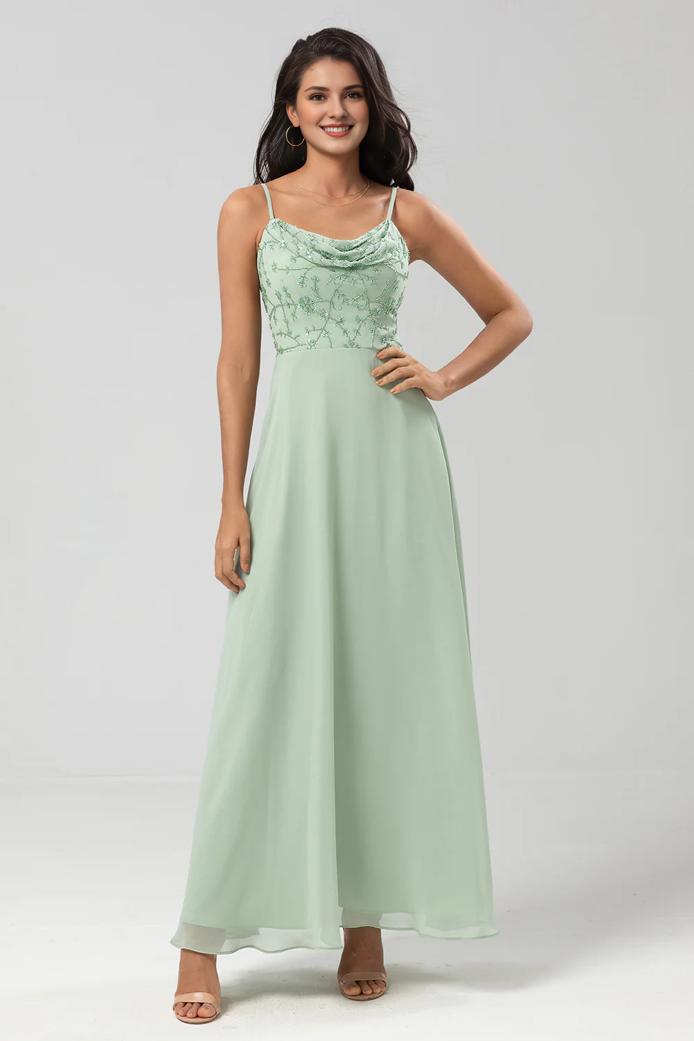 Wholesale Elegant Dusty Sage A-Line Prom Dresses Spaghetti Straps Embroidered Bridesmaid Dress
