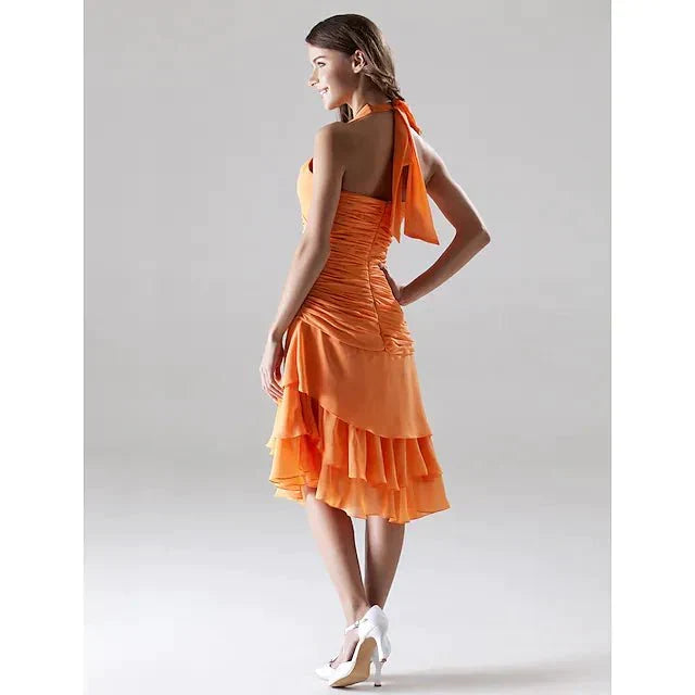 A-Line Bridesmaid Dress Halter Neck / V Neck Sleeveless Open Back Asymmetrical / Knee Length Chiffon with Side Draping - luodilan