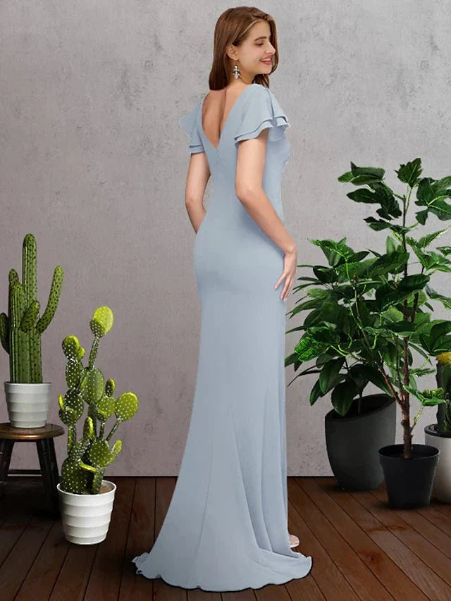 A-Line Bridesmaid Dress Jewel Neck Short Sleeve Elegant Sweep / Brush Train Chiffon with Ruffles - luodilan