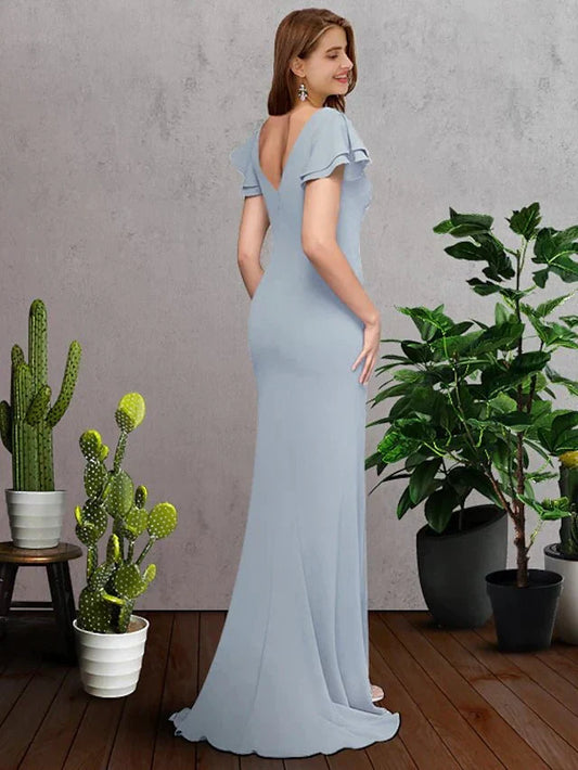 A-Line Bridesmaid Dress Jewel Neck Short Sleeve Elegant Sweep / Brush Train Chiffon with Ruffles - luodilan