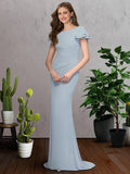 A-Line Bridesmaid Dress Jewel Neck Short Sleeve Elegant Sweep / Brush Train Chiffon with Ruffles - luodilan