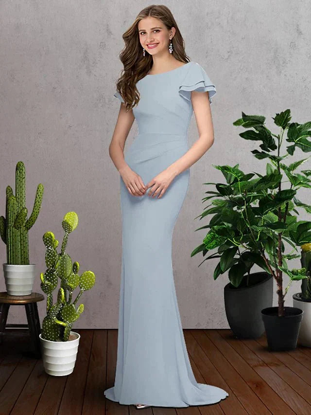A-Line Bridesmaid Dress Jewel Neck Short Sleeve Elegant Sweep / Brush Train Chiffon with Ruffles - luodilan