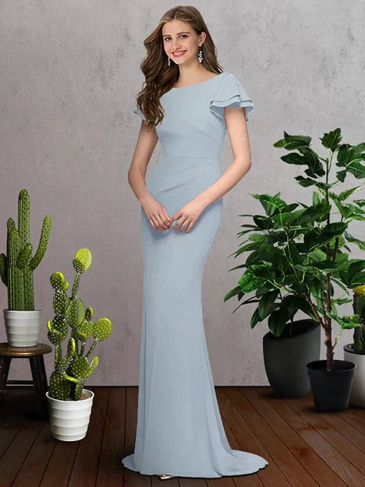 A-Line Bridesmaid Dress Jewel Neck Short Sleeve Elegant Sweep / Brush Train Chiffon with Ruffles - luodilan