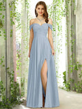 A-Line Bridesmaid Dress Off Shoulder Sleeveless Elegant Floor Length Chiffon with Pleats - luolandi
