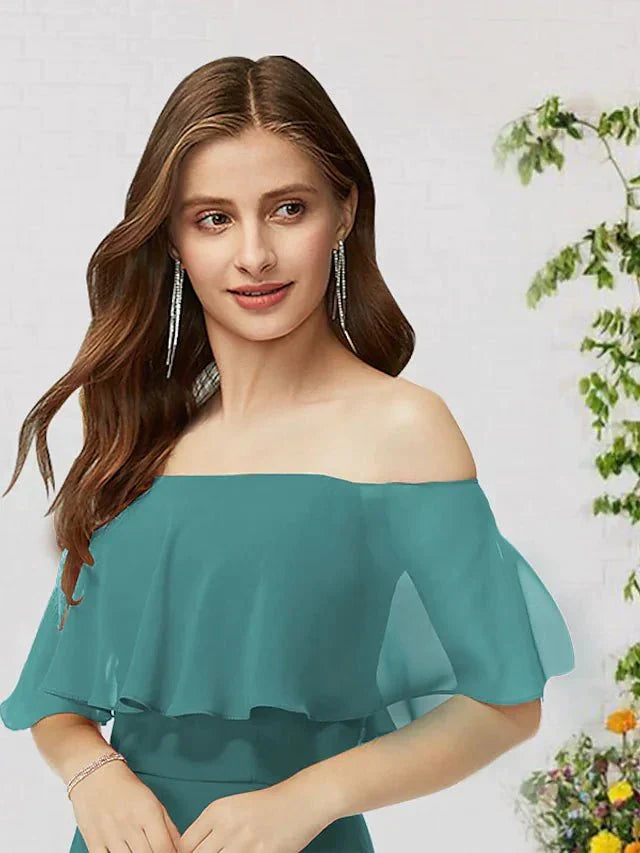 A-Line Bridesmaid Dress Off Shoulder Sleeveless Elegant Floor Length Chiffon with Ruffles - luodilan