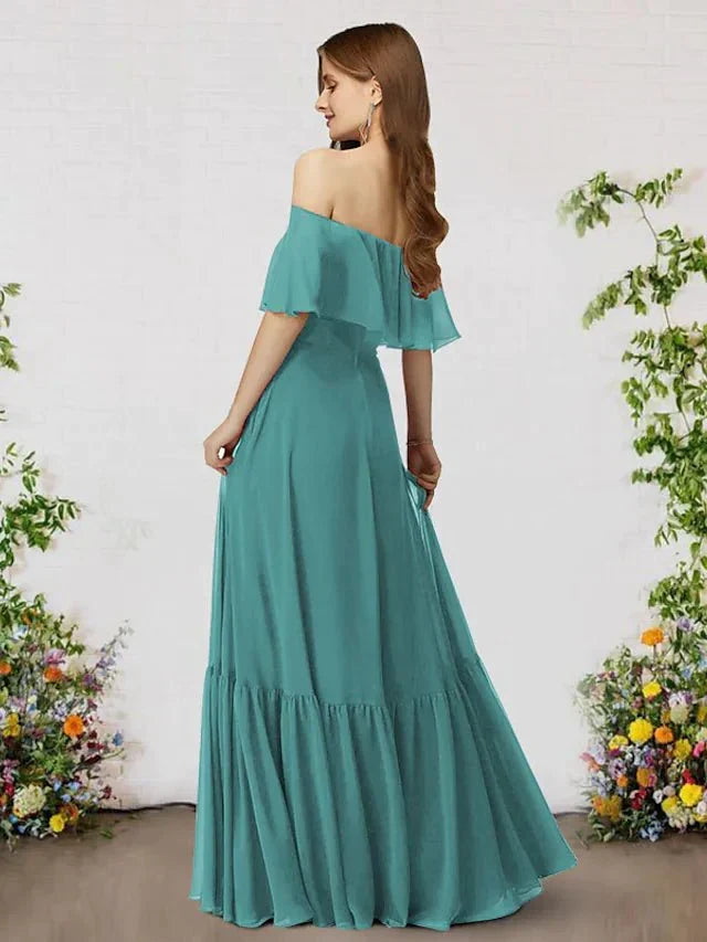 A-Line Bridesmaid Dress Off Shoulder Sleeveless Elegant Floor Length Chiffon with Ruffles - luodilan