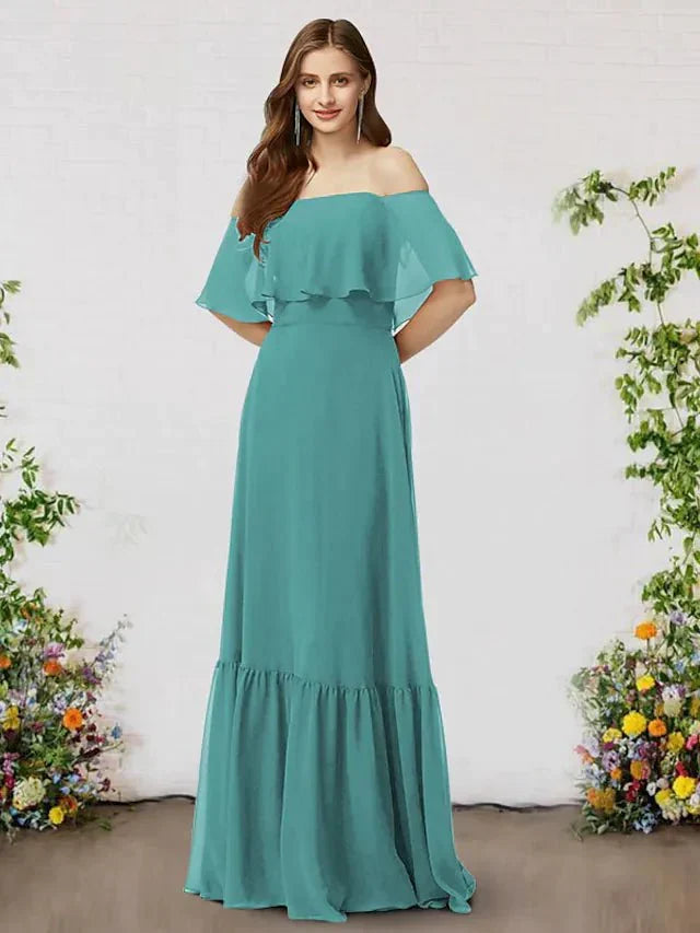 A-Line Bridesmaid Dress Off Shoulder Sleeveless Elegant Floor Length Chiffon with Ruffles - luodilan