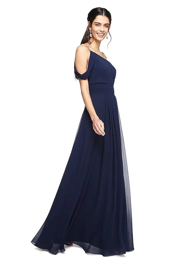 A-Line Bridesmaid Dress One Shoulder Sleeveless Elegant Floor Length Chiffon with Pleat - luodilan