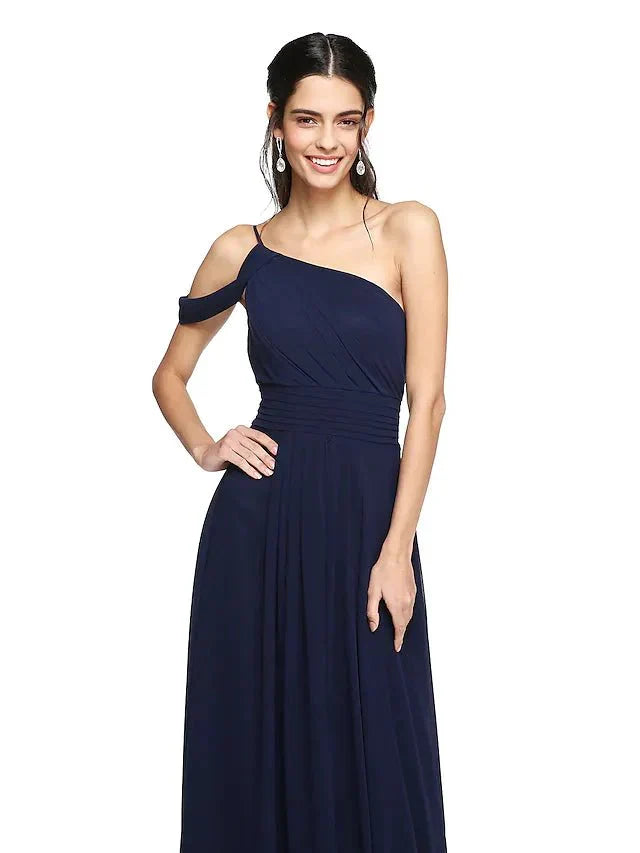 A-Line Bridesmaid Dress One Shoulder Sleeveless Elegant Floor Length Chiffon with Pleat - luodilan