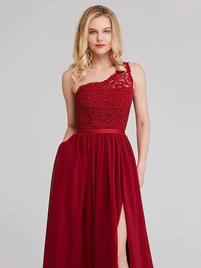 A-Line Bridesmaid Dress One Shoulder Sleeveless Elegant Long Length Chiffon / Lace with Sash / Ribbon - luodilan