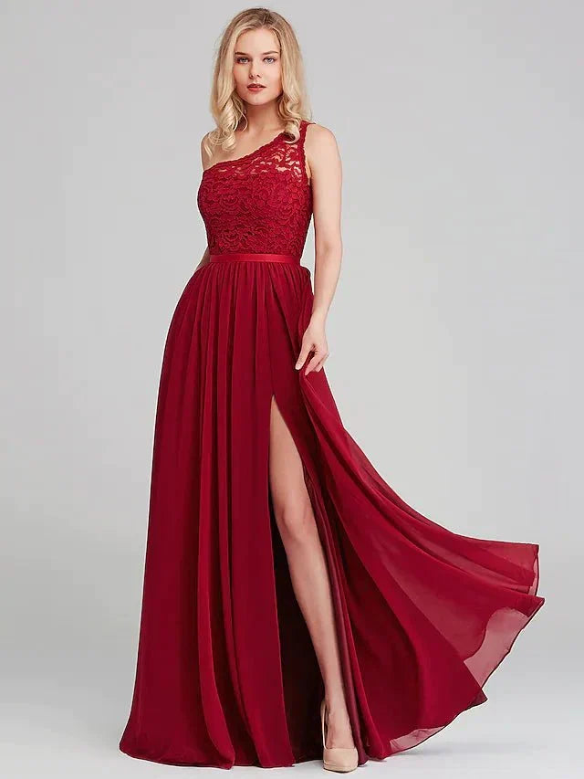 A-Line Bridesmaid Dress One Shoulder Sleeveless Elegant Long Length Chiffon / Lace with Sash / Ribbon - luodilan