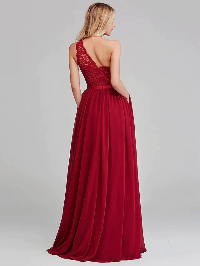 A-Line Bridesmaid Dress One Shoulder Sleeveless Elegant Long Length Chiffon / Lace with Sash / Ribbon - luodilan