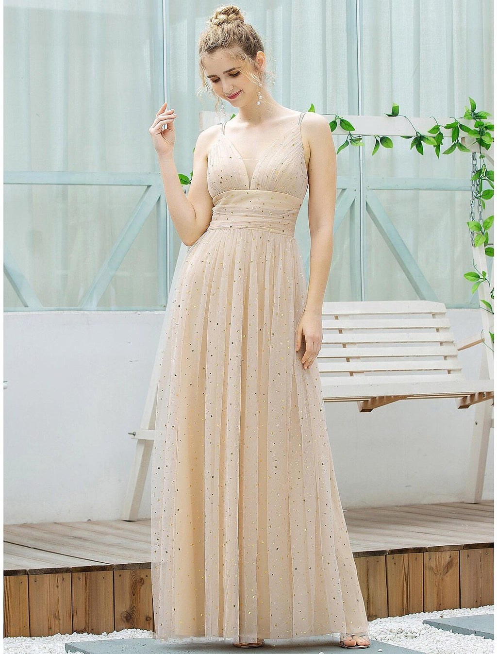 A-Line Bridesmaid Dress Plunging Neck Sleeveless Elegant Floor Length Tulle with Sequin - luodilan