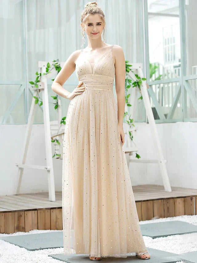 A-Line Bridesmaid Dress Plunging Neck Sleeveless Elegant Floor Length Tulle with Sequin - luodilan