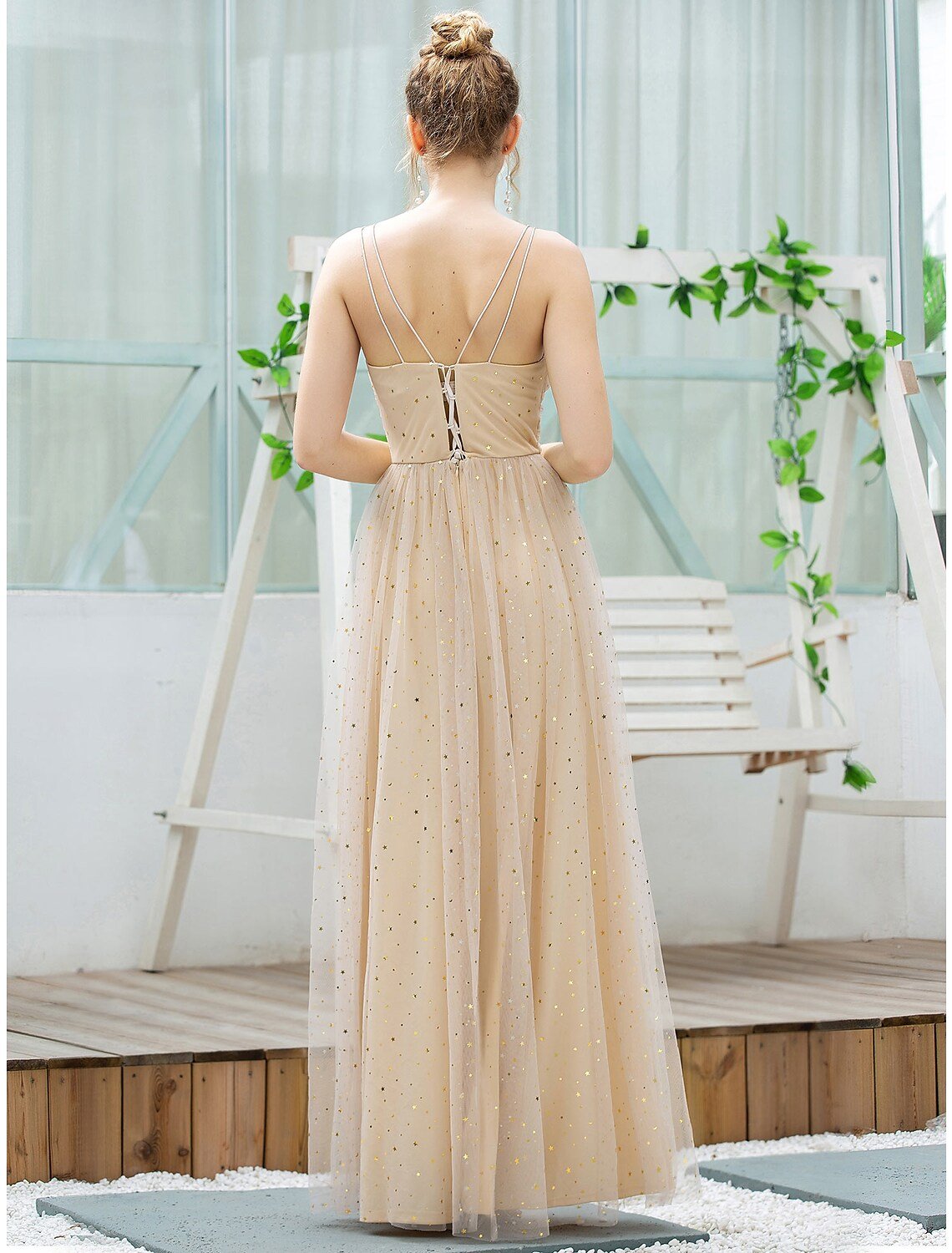 A-Line Bridesmaid Dress Plunging Neck Sleeveless Elegant Floor Length Tulle with Sequin - luodilan